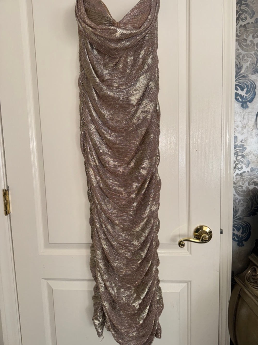 JLUXLABEL Shimmery Gold Ruched Evening Dress